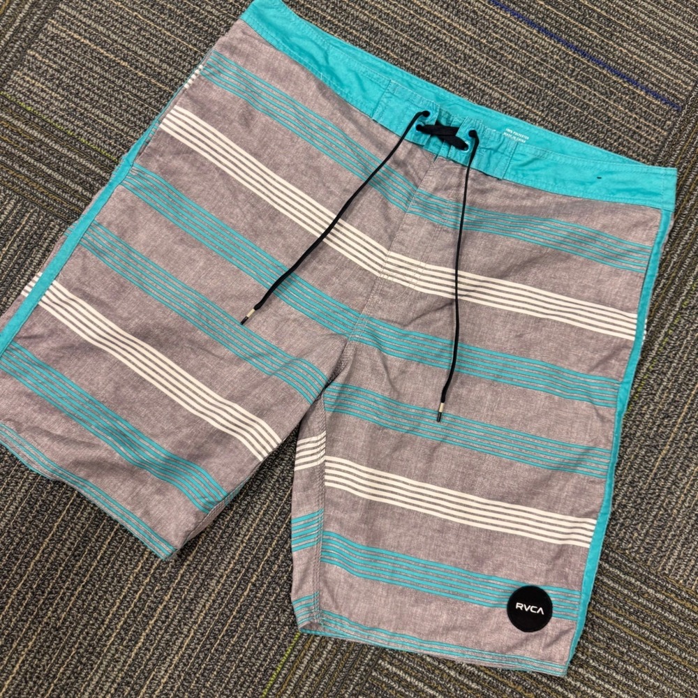 RVCA Board Shorts Mens 36 Grey Teal‎ Striped Classic Non-Stretch Swim Trunks EUC